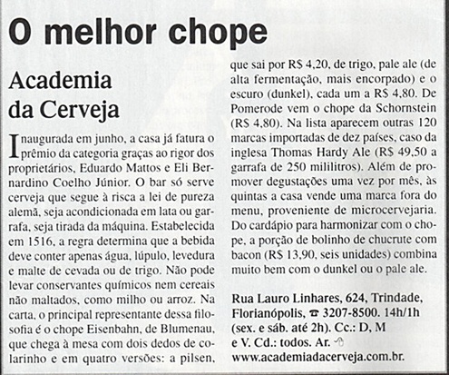 Revista Veja elege a Academia da Cerveja o melhor chope da grande Florianópolis.